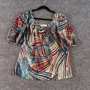 Boho Abstract Print Blouse Womens M‎ Square Neck Short Sleeve Retro Art USA Made